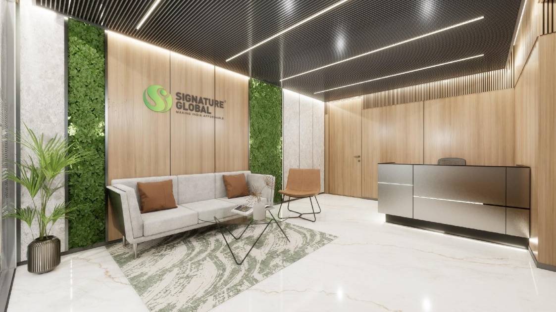 Corporate office with glass partitions and contemporary ceiling design
