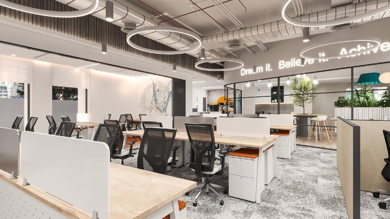 Corporate office interior with spiral staircase