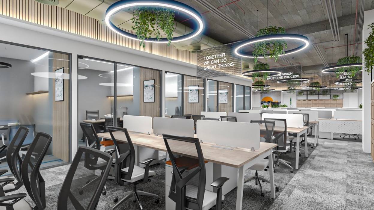 Corporate office interior with spiral staircase